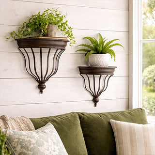 Rustic metal wall shelf with potted greenery