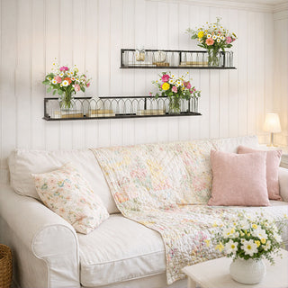 Cathedral arch metal wall shelf set of 2 mounted on white shiplap wall with flowers in farmhouse living room