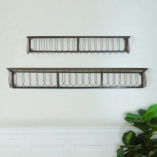 Close-up of distressed bronze-brown finish on cathedral arch wire shelf detail