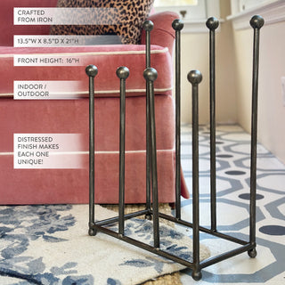  Close-up of distressed iron boot rack showing dimensions and unique weathered finish details