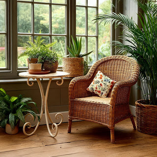 Sunroom seating area with wicker chair and rustic cream metal accent table
