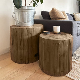 Farmhouse reclaimed wood drum tables styled as side tables
