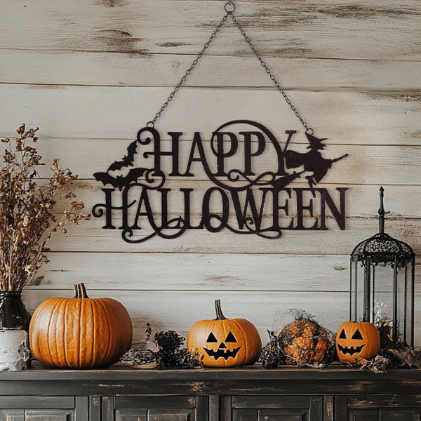 WengBeauty Targa in metallo con scritta Happy Halloween con zucche e pipistrelli, spaventosa, per casa infestata, 30,5 x 45,7 cm WengBeauty Targa in metallo con scritta Happy Halloween con zucche e pipistrelli, spaventosa, per casa infestata, 30,5 x 45,7 cm
