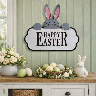 Happy Easter Metal Bunny Sign Gray Rabbit Pink Ears Embossed Wall Decor