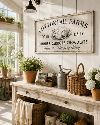 36 inch vintage Cottontail Farms bunny wall art with distressed farmhouse frame