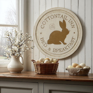 Cottontail Inn Bed and Breakfast round wood sign with bunny silhouette displayed above farmhouse console table with Easter eggs and white flowers vintage spring decor