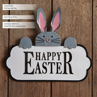 Happy Easter Metal Bunny Sign Gray Rabbit Pink Ears Embossed Wall Decor