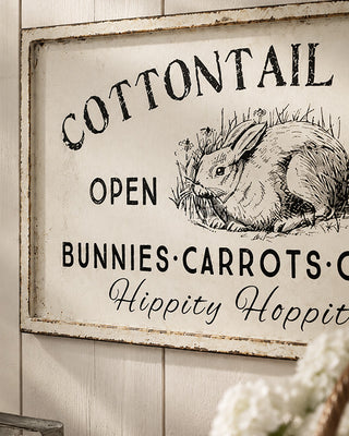 36 inch vintage Cottontail Farms bunny wall art with distressed farmhouse frame