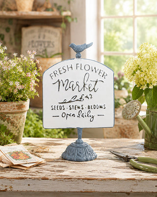 White Metal Fresh Flower Market Tabletop Sign