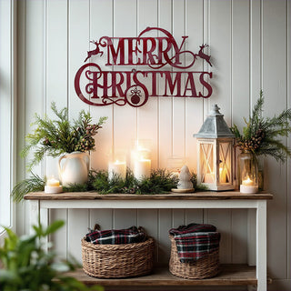 Oversized Merry Christmas Metal Wall Sign with Reindeer