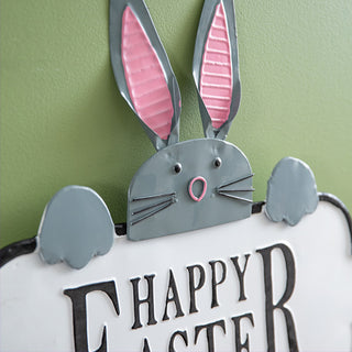 Happy Easter Metal Bunny Sign Gray Rabbit Pink Ears Embossed Wall Decor