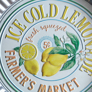 Close up of ice cold lemonade sign showing hand-painted lemon artwork and 5 cent pricing