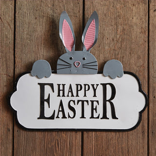 Happy Easter Metal Bunny Sign Gray Rabbit Pink Ears Embossed Wall Decor
