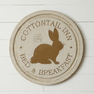  Cottontail Inn Bed and Breakfast round wood sign overhead view showing complete bunny design distressed ivory and brown finish rustic spring wall decor