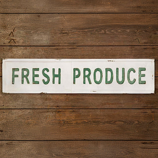 Full view of 45-inch Fresh Produce embossed metal sign against rustic wood plank background