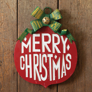 Merry Christmas red metal ornament sign with white hand-lettered typography and striped ribbon bow detail