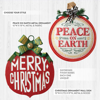 Two Christmas ornament wall sign styles - red Merry Christmas and cream Peace on Earth with decorative details and dimensions
