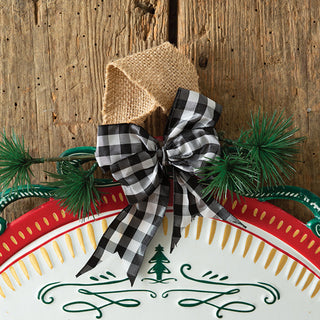 Black buffalo check plaid ribbon bow with burlap and pine accent on Peace on Earth ornament sign