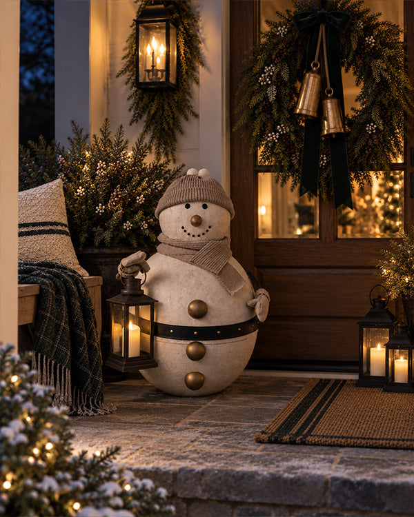 Oversized Outdoor Iron & Fabric Bell Snowman with Lantern