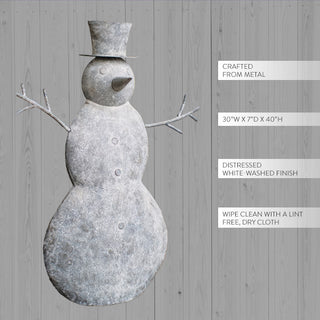40 inch tall white-washed metal snowman with twig arms and dimensional button details showing product specifications