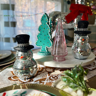 Disco Ball Snowmen with Black Glitter Hat, Set of 2