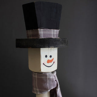 Detailed view of snowman top hat showing black fabric construction and plaid ribbon band detail