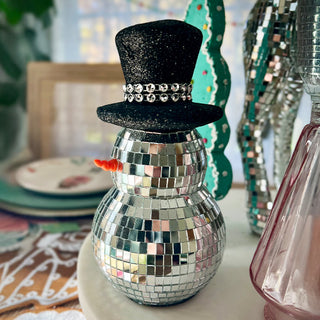 Disco Ball Snowmen with Black Glitter Hat, Set of 2