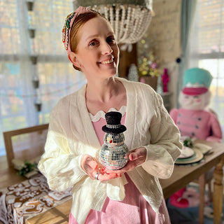 Disco Ball Snowmen with Black Glitter Hat, Set of 2