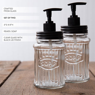 Set of two glass soap dispensers black pump lids