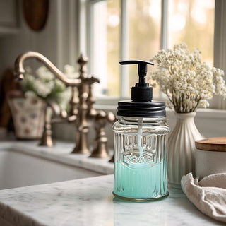 Farmhouse bathroom glass soap dispenser with black pump