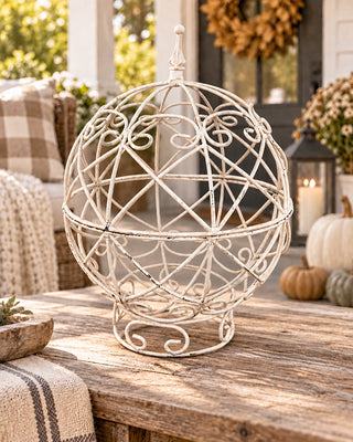 Cream Wrought Iron Garden Sphere Planter