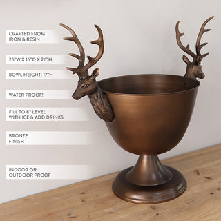 Bronze stag pedestal bowl on wooden surface with product specs highlighting iron and resin construction and waterproof design.