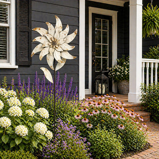 57-Inch Distressed Ivory Metal Flower Garden Stake