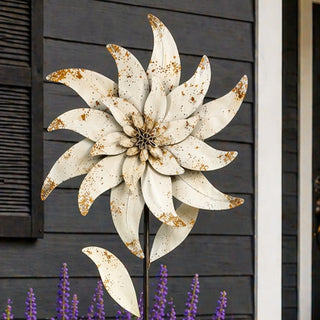 57-Inch Distressed Ivory Metal Flower Garden Stake