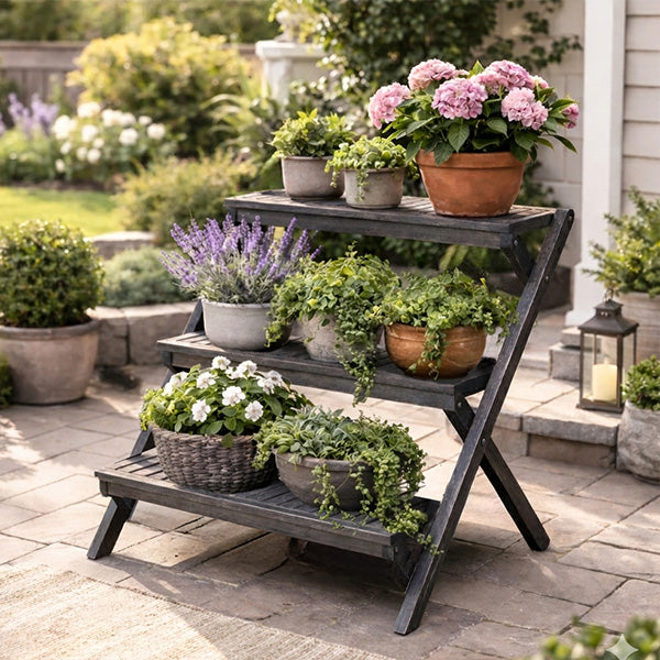 wooden indoor plant stands uk Distressed Mango Wood Three-Tier Folding Plant Stand