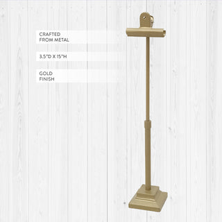 15-inch tall gold finish picture stand with spring-loaded clip and tiered square base