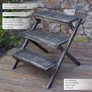 Rustic mango wood three-tier plant stand distressed finish