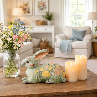 Distressed floral bunny figurine spring home decor