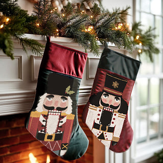 Nutcracker Christmas stockings hanging on decorated mantel