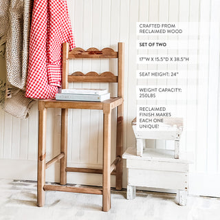  Set of two natural wood counter stools rustic finish white shiplap background