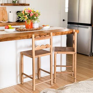 Two reclaimed wood counter stools kitchen island butcher block countertop