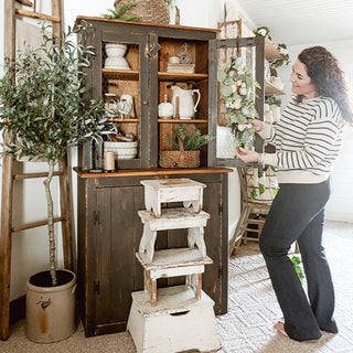 Farmhouse Easter swag styled on rustic hutch