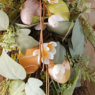 Pastel Easter eggs with white florals close-up