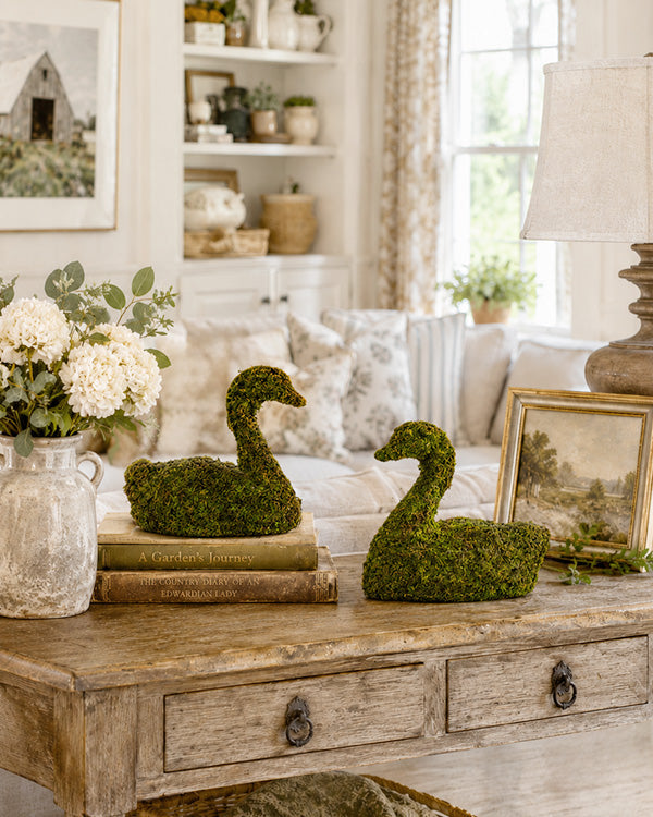 Indoor/Outdoor Moss Swan Sculptures, Set of 2