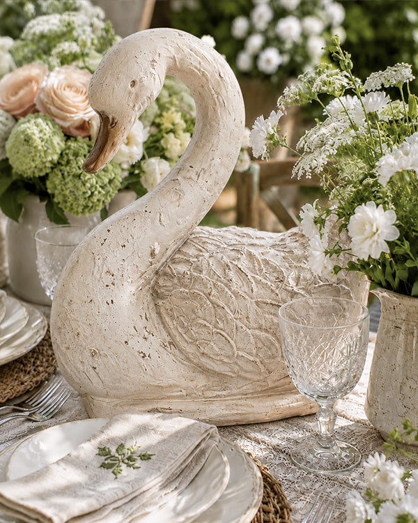 Large Vintage Distressed White Swan Resin Statue