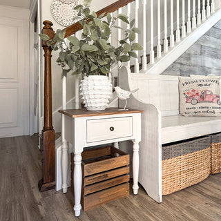 White farmhouse side table with reclaimed wood top