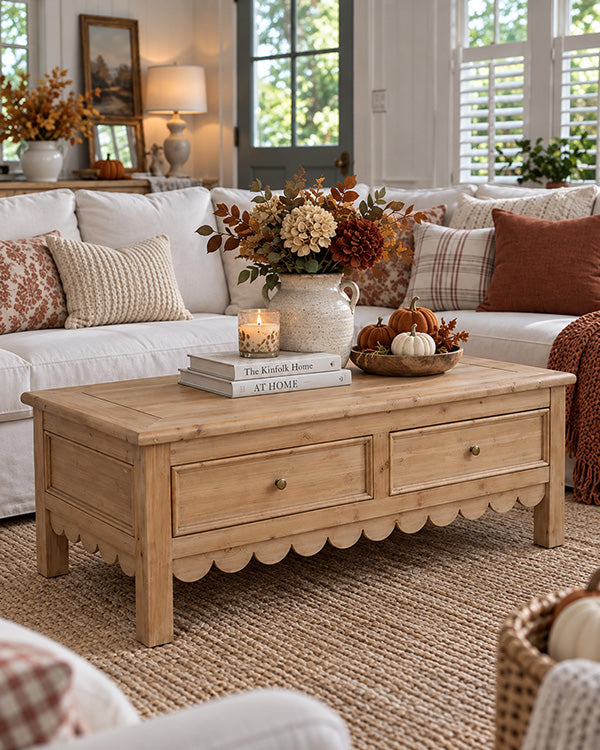 Cottage Scalloped Wood Coffee Table with Drawers