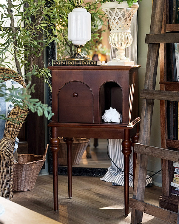 Pine veneer side table with arched cabinet door