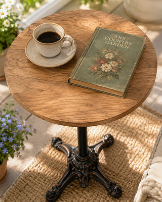 19 Inch Round Pedestal Accent Table Metal and Wood Farmhouse Side Table