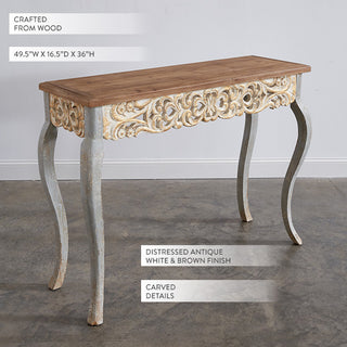 Distressed white console table hand carved scrollwork detail cabriole legs natural wood top product specifications